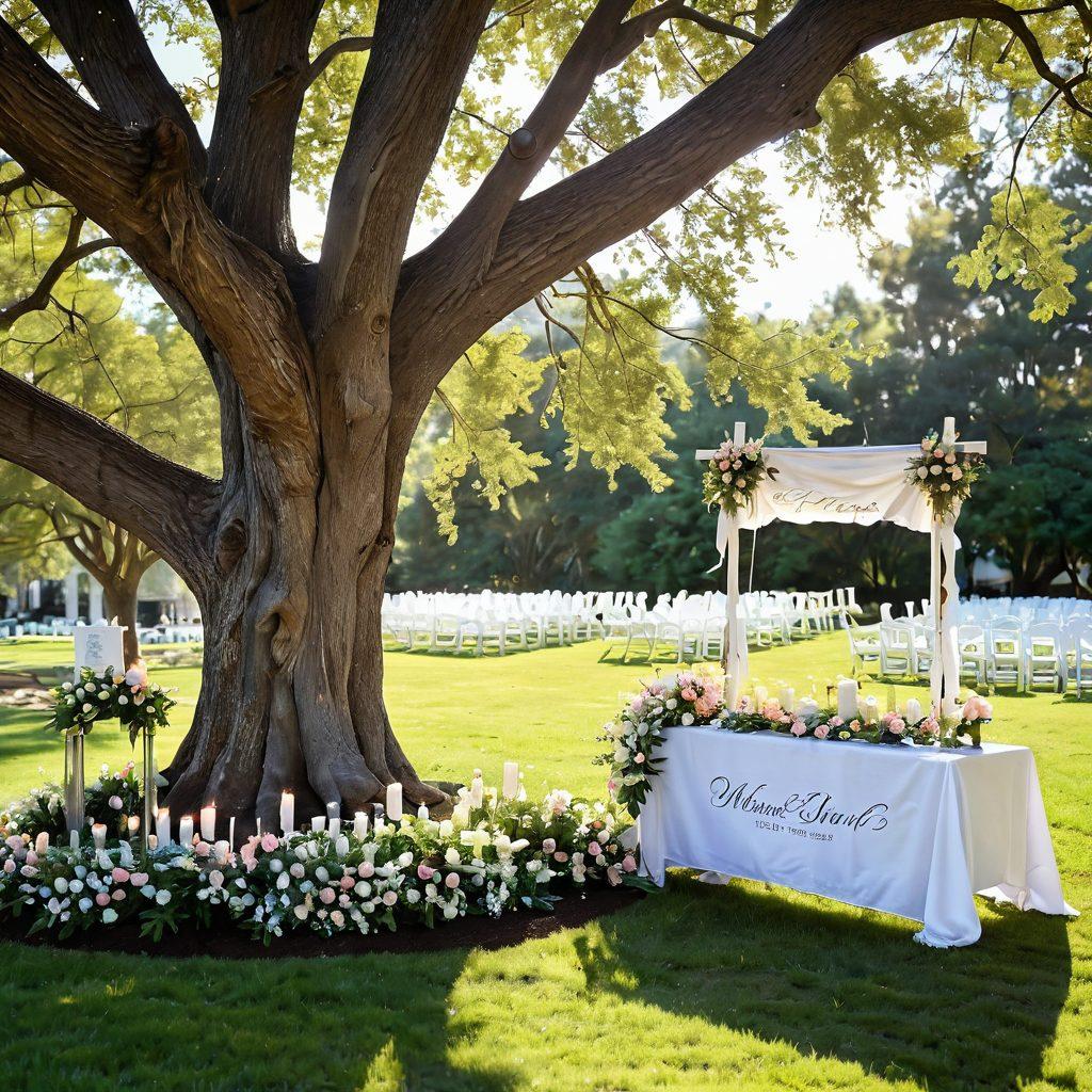 A serene outdoor memorial service setting, adorned with soft pastel flowers and gentle candles, surrounded by attendees sharing warm smiles and comforting hugs. In the background, a beautiful sunlit tree provides shade, symbolizing hope and renewal. An elegant banner with 'Celebrating Life' in flowing script adds a touch of grace. The atmosphere radiates compassion and joy despite the somber occasion. super-realistic. vibrant colors. peaceful ambiance.