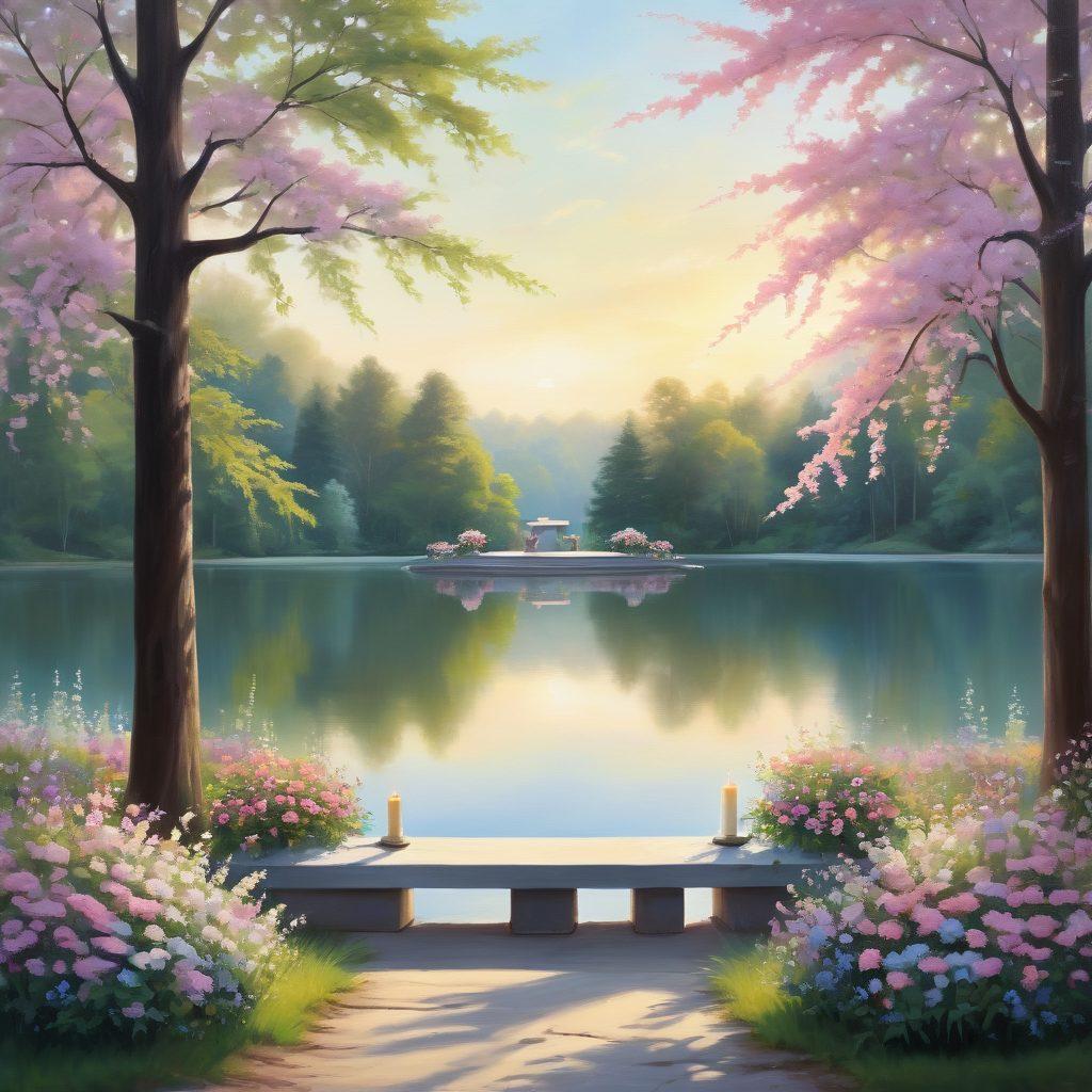 A serene outdoor memorial service setting, with gentle pastel flowers adorning a simple altar, soft sunlight filtering through lush trees, people gathering in quiet remembrance, sharing warm smiles and holding candles, with a backdrop of a tranquil lake reflecting the sky. painting. soft colors. peaceful atmosphere.