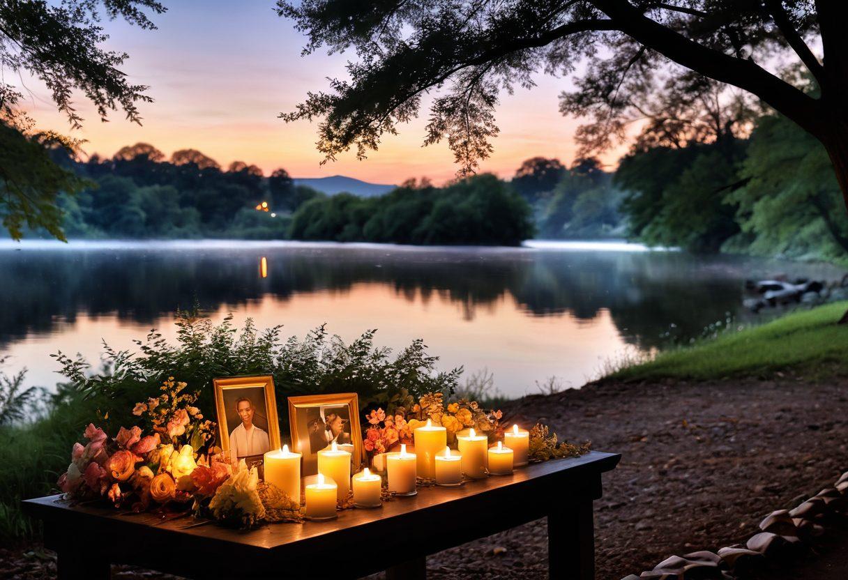 A serene setting depicting a tranquil memory service with soft candlelight, delicate flowers, and framed photographs of loved ones. Include a gentle river in the background symbolizing the journey of loss, with a soft sunset casting warm hues across the scene. Subtle breeze moving through the leaves creates a feeling of peace and remembrance. super-realistic. soft pastel colors. serene atmosphere.